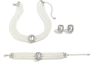 Cubahop Wedding Bride Pearl Gemstone Necklace Bracelets and Earring Set Crystal Necklace Party Wedding Jewelry Sets for Women and Girls