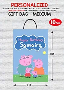 WoW Party Studio Personalized Pig Cartoon Theme Happy Birthday Decorations Return Gift Bag with Birthday Boy/Girl Name - 10 Pcs