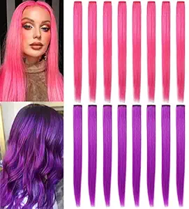 FAIRY COLOR 16 PCS Princess Colored Extensions Multi-Colors Party Highlights Streak Synthetic Hairpieces Clip-In/Clip On Colored Hair Extensions (pink purple)