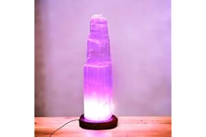 vingardium leviosa Pure Selenite Crystal Rock USB Mountain Tower Lamp Handcrafted Multi Colour Changing Wooden Base Meditation Healing Mineral Christmas Home Decoration Gift Lamp (30cm)