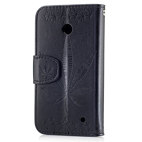 Lonchee Nokia Lumia 630 N630 Wallet Tasche Brieftasche Schutzhülle , Ahornblatt geprägtes Muster Design Hochwertige PU Leder Folio Tasche Case Hülle im Bookstyle mit Standfunktion Kredit Kartenfächer (schwarz) - 2