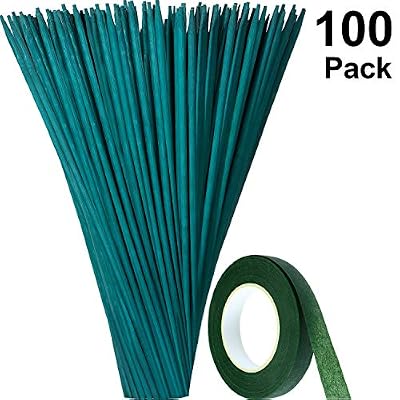 Maitys Pieu de Plante en Bois Vert Support de Plantes Florales Pieu en Bois de Bambou Choix Artisanaux Naturels (12 Pouces par 4 mm) et 25 Yard Ruban de Papier Fleur Vert Foncé