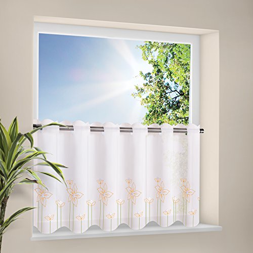 Scheibengardine / Panneau / Gardine / Bistrogardine bestickt FIONA / B/H: 150x 44cm / bestickt mit Blumenmotiv / transparente Qualität (orange)