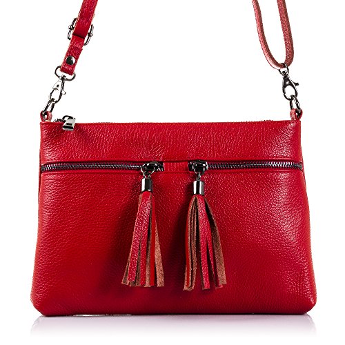 Firenze ARTEGIANI.Bolso de Mujer Piel auténtica.Bolso Bandolera Cuero Genuino Acabado Dollaro.Tacto Suave.Borlas Piel Bolsillos Frontales.Made IN Italy.Vera Pelle Italiana.27x19x4cm.Color:Rojo