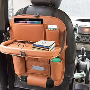 AUTONEST Heavy Leather Car Back seat Organizer with Foldable Dining Table Tray Waterproof Storage Pockets (Tan) for MG Hector