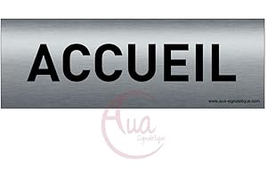 AUA SIGNALETIQUE - Plaque de porte Aluminium brossé imprimé AluSign Texte - 150x50 mm - Double Face adhésif au dos (Accueil)