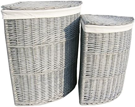 Grey Washed Willow Wicker Corner Laundry Basket / Large / Small / Lid / Lined (Set of Two Baskets)