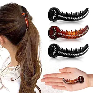Sanas Womens Stylish Wedding Stone Banana Hair Clips (Black, Brown)- 3 Pieces