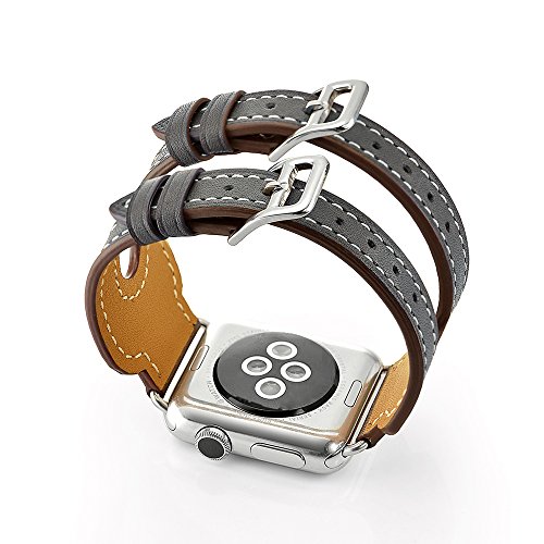 Aresh für Apple Watch Zubehör Armband,Double Buckle Cuff Luxus echtes Leder Apple Smart Watch Stulpeentwurf Ersatz Handgelenk Band für Apple Watch iWatch Apple Watch Series 2(42mm, Dunkelgrau) - 2