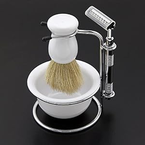 Owfeel Portable Men Shaving Set Shaver Beard Brush Kit With Five Razor and Soap Dish Stand Bowl (white) - Image 3