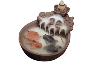 ‎SIMCAT Fisch Teich Rückfluss Räuchergefäß mit Zapfen handgefertigt Rückfluss Weihrauchhalter aus Keramik "Fisch Lotus Teich" Schwarz 10,5 x 15 x 7 cm