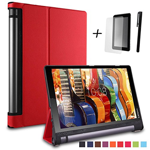 Bestdeal® Hohe Qualität Prämie Ultra Schlank Leicht Smart Cover Tasche Stehe Hülle für Lenovo Yoga Tab 3 YT3-X50F 10.1" Tablet PC + Displayschutzfolie und Stylus Stift (Rot)