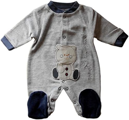 0-3 months - Baby Boys Cute Grey and Blue Teddy Bear Velour Sleepsuit