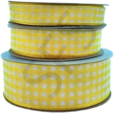Full roll (10 Yards) of woven edge Gingham ribbon (Yellow, 25mm)