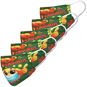 Creative Kids Green Printed Reusable Comfortable Unisex Washable Face Mask For Kids, Pack of 5