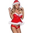 VicSec Santa Outfits Christmas Lingerie for Women Cute Bow Trim Bra and Panties Set Babydoll Sleepwear with Fur Mesh Nightwear Sheer Xmas Cosplay Costume Lace Chemise for Festival Party