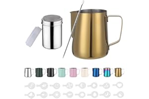 ZUQUIK 350ml Jarra Leche Barista Acero Inoxidable,con Medición Mark 12 oz, Jarra de Espuma de Leche con Dispensador de Cacao, 16 Plantillas y Bolígrafo para Capuchino y Espresso,color dorado