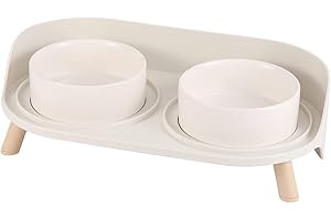 AHX Comedero y Bebedero Elevado para Gato - Cuenco Doble de Cerámica con Soporte Antisalpicaduras - Set de Bol para Comida y Agua - Ideal para Gatos y Cachorros - 2 x 480 ml