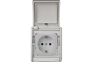 SIMON - Base de Enchufe Exterior, Estanco Toma Schuko, Serie Simon 44 Aqua, 250V 16A, Enchufe de empotrar, Fácil de Instalar, Incluye Caja, Tapa y Mecanismo, Color Gris