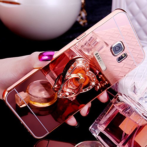 Samsung Galaxy J1 2016 Case Shell, Samsung Galaxy J1 2016 Cover, JAWSEU Samsung Galaxy J1 2016 Case Back Cover Sparkle Bling Crytal Diamond Mirror Protective Skin Bumper Soft Flexible Gel Silicone TPU Case Cover for Samsung Galaxy J1 2016 with Ring Holder - Rose Gold 