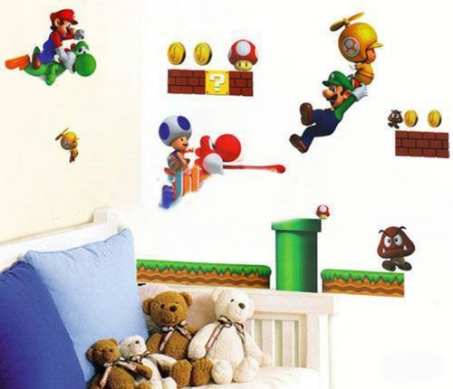 Decus 1 Bl. Super Mario Bros Für Raumdekor entfernbare wiederverwendbare Wandsticker Kinderzimmer Kindergarten Schlafzimmer Kunst Abziehbilder Wandtattoo toller Wandsticker 70cm x 50cm