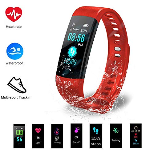 Hinmay Fitness Tracker HR, Pulsera Inteligente con Monitor de frecuencia Cardíaca, IP67, Impermeable, con Contador de Calorías, Podómetro, Monitor de Sueño, para Niños, Mujeres, Hombres, Rojo