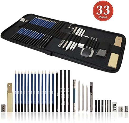 Tinpa 33 Piece Sketching Pencil Set,Full Range Professional Drawing Kit,Including Charcoal Pencil,Eraser,Knife,Sharpener For Artists, Beginners And Students