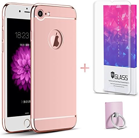 Hanglong 3 in 1 Full Protective Phone Case with Electroplate Frame For iPhone 7 (with one Tempered Glass Screen Protector)-Rose gold