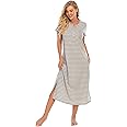 Jlowesun Women's Long Nightgown Nighties Stripes Nightdress Nightshirts Short Sleeve Soft Button Up Sleep Dress with Pockets