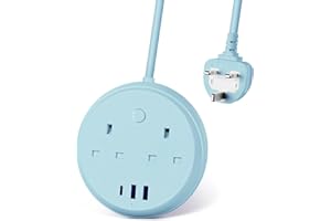 Travel Extension Lead by KOOSLA, Extension Lead with USB Slots, Power Strips with 2 Way Outlets & 3 USB（1 Type C), 1.5M Multi Power Plug Extension for Cruise Ship, Travel, Home and Office, Sky blue