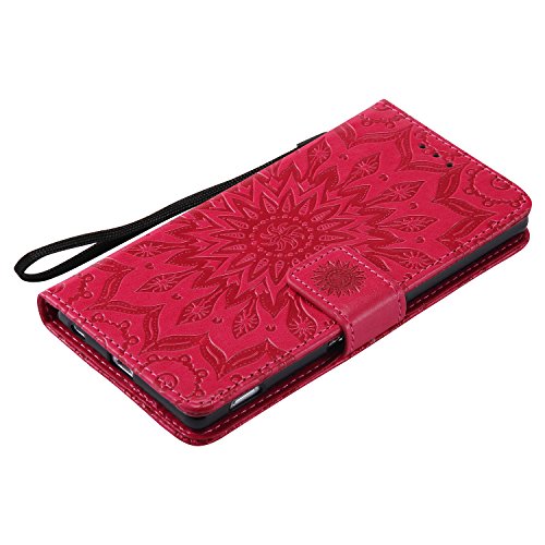 Sony Xperia Z4 Hülle,Sony Xperia Z4 Leder Sonnenblumen Hülle,Sony Xperia Z4 Lanyard Wallet Schutzhülle,BONROY® Retro geprägte Sonnenblumen Muster PU Leder Flip Hülle Wallet Case Tasche Cover Handytasche Schutzhülle Lederhülle Handyhülle in Book Style Stand Case mit Kredit Kartenschlitz für Sony Xperia Z4-rot - 3