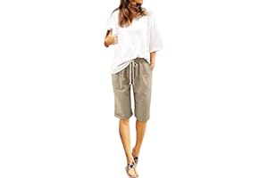 GENERIC Pantalones cortos de lino para mujer, estilo bohemio, largo hasta la rodilla, con cordón, bermudas de lino, pantalones cortos de verano, holgados, pantalones de ciclismo de cintura alta, tallas