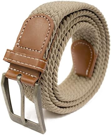 Mens Expanding Belt - One Size 36 Waist to 60 Waist Plus Size Elasticated Woven Single Colour Leather (Stone)
