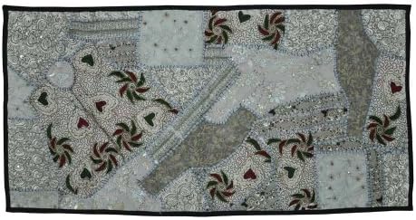 Decorative Indian Wall Hanging With Graceful Sequins Beads Mirrors, Zari Silk Thread Embroidery & Multicolour Old Sari Patch Work, 65 X 127 Cm