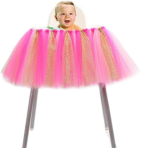 Baby 1st Birthday High Chair Skirt | 36 x 14 Inch Baby Shower Tutu Tulle Table Skirt with Glitter for Party Decoration Supplies &amp; Girl Favor - Rose Red Colour