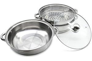 AOHUADA Dampfgarer Edelstahl Dampfkocher 3 Lagen Stapelbar Dampfkochtopf Durchmesser mit Glasdeckel 28 cm Dämpfeinsatz Gardampfkochtopf
