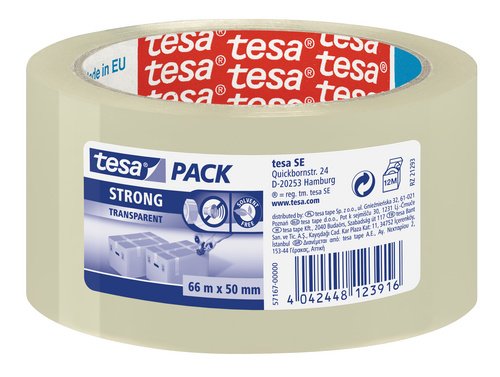 Tesa Pack - Cinta de embalaje fuerte (polipropileno acrílico silencioso, 66 m x 50 mm) color transparente, 6 unidades