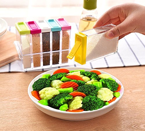Gewürzdosen Set mit 6 Teilen aus Kunststoff mit dem Aufbewahrungsregal Accessoires für Küche, Farben Zufalls Spice Jar Set Speisewürze Essig Flasche (Transparent) - 2