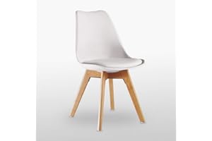P&N HOMEWARES Retro Modern Dining Chairs – Lorenzo Plastic Chairs with Cushioned Pad Seat & Solid Beech Wooden Legs - Mid Century Side Chair for Dining Room Living Room Kitchen (Modern, Multicoloured White)