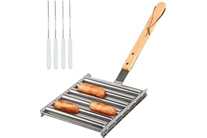 TINMIX Rollender Wurstgrill Edelstahl-BBQ-Hot-Dog-Rollgestell mit langem Holzgriff und 4 Spießen für Außengrill, 5 Hotdog-Kapazität, Mittel
