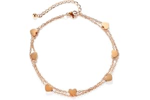 TOFBS Bracelet de Cheville Cœur pour Femme et Filles Plaqué Argent/Or Rose Acier Inoxydable Réglables Doubles Couches Bracelet de Cheville Bracelet Cheville Chaîne Boho Accessoires de Plage