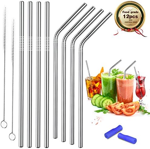 WisFox Drinking Straws, Reusable Stainless Steel Drinking Straws Set of 12 with 4 Straight Pipes 4 Bent Pipes 2 Silicone Mouth Covers 2 Cleaning Brush,for Smoothie, Milkshake and Hot Drinks