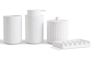 Agyiuns Badezimmer Set,Bad Zubehör Keramik 4,Enthält 330 ml Flüssigseifenspender, Zahnputzbecher, Seifenschale, Wattestäbchenhalter,Geeignet für Bäder, Waschbecken(Weiß, Flüssigseifenspender)