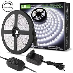 LE Kit Ruban LED Dimmable 5M 12V Blanc Froid 6000k 300LEDs V2835, Bande LED Autocollant Réglable via Variateur, Connecteurs+Transformateur pour Meuble, Escalier, Chambre, Cuisine