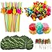 Produktbild OOTSR 108pcs Tropische Partydekorationen, umfassen Simulation Palmblätter, Seiden-Hibiskus-Blumen, Mini-Regenschirm-Zahnstocher, 3D-Fruchtstrohe für Hawaiianische Luau-Party Tischdekorationen