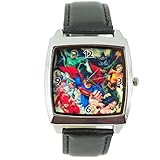 taport® DC Armbanduhr Justice League Superhelden quadratisch QUARZ schwarz Echt Leder Band + Gratis Ersatz Batterie + Gratis Geschenkverpackung