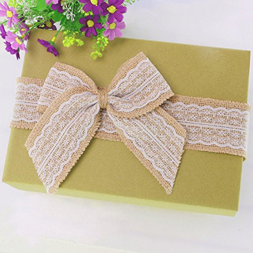 Tesan Natürlich Leinen Band mit Weiß Spitze für DIY Handgemacht Hochzeit Handwerk Spitze Leinen,6 einem anderen design,6 Stück - 7