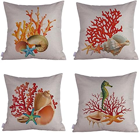 4Pcs Sea Shell Thick Cotton Linen Decorative Cushion Covers 45 x 45cm(Seashell Bundle Set A of 4)