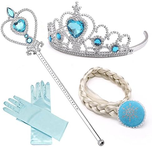 Girls' Princess Elsa,Snow Queen Tiara Braid Wand Blue Gloves Set of 4 Accessories, Best Gift for a young lady and girls