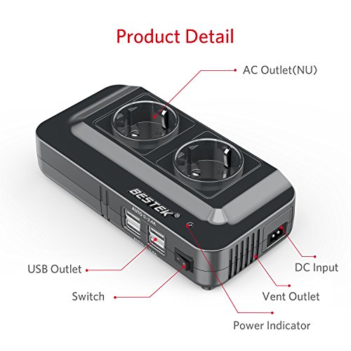 VERSION AMELIOREE BESTEK 200W Convertisseur 12v 220v 230v Onduleur Transformateur de Tension Allume Cigare, 4 Ports USB et 2 Prises EU, Chargeur Voiture Bateau Camping Car avec Multi Protections et Soft Start